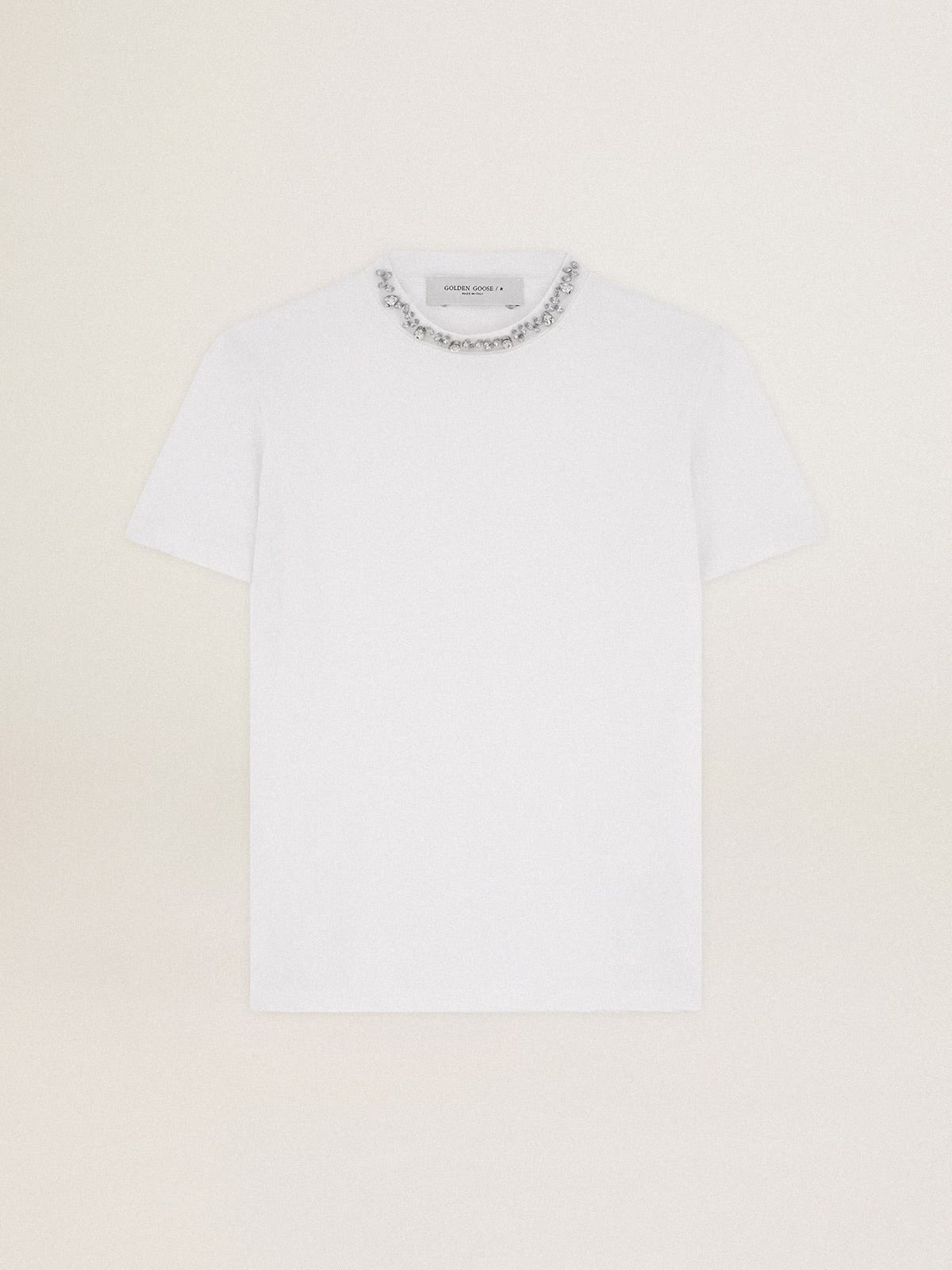 Women's white T-shirt with cabochon crystals