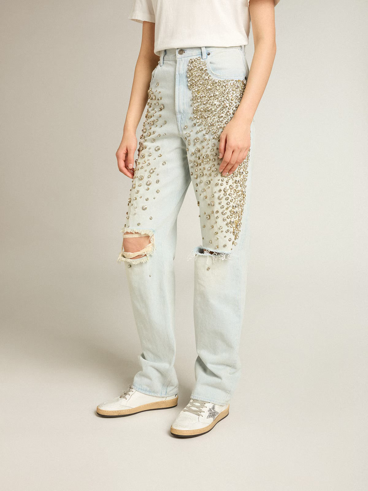 Women'S Bleached Jeans With Cabochon Crystals