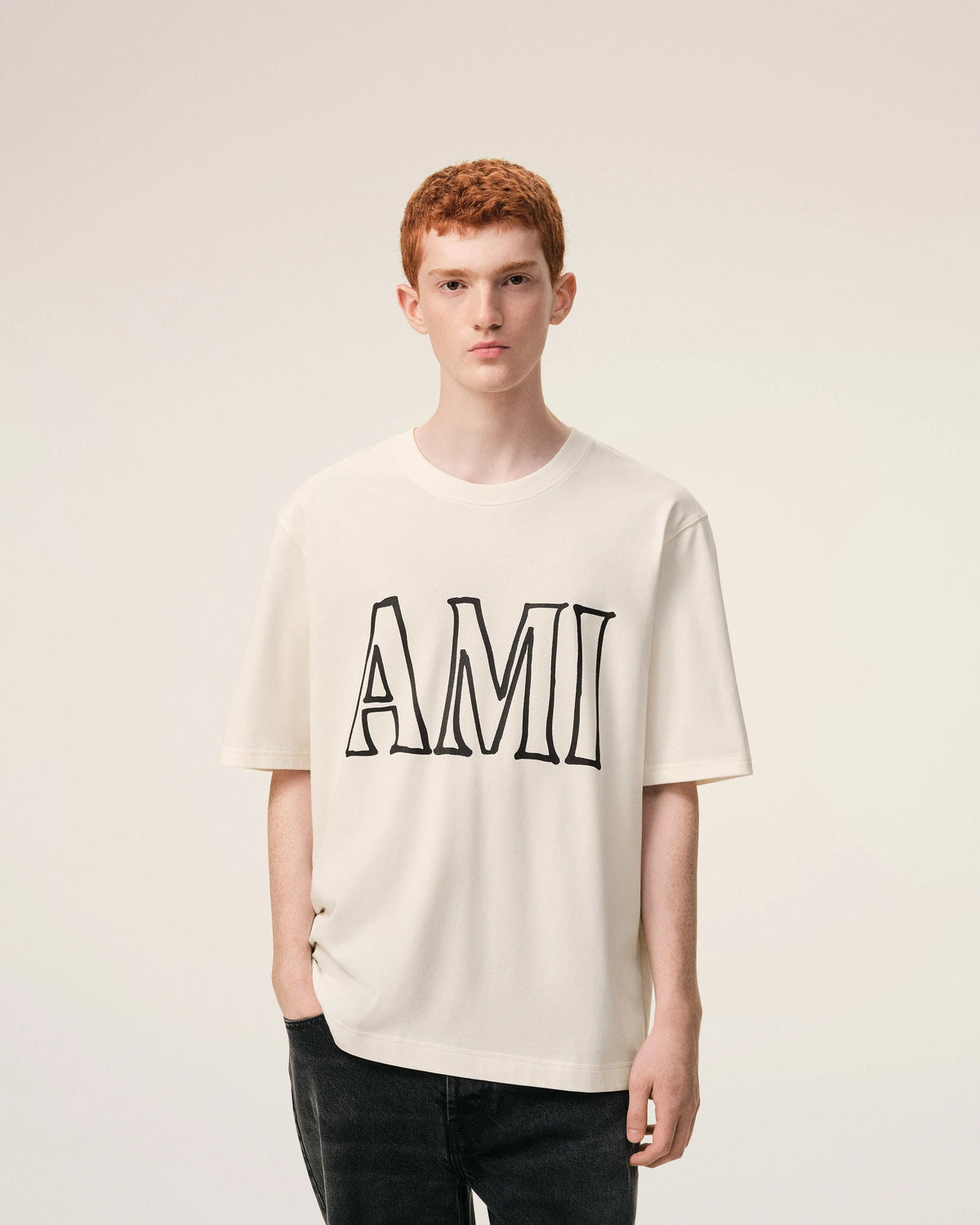 WHITE COTTON AMI PARIS PRINT T-SHIRT