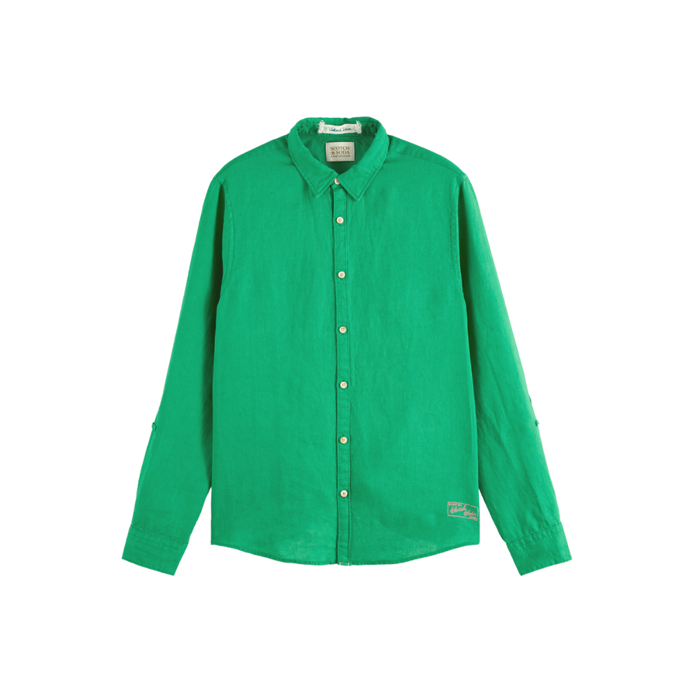 Green Linen Shirt With Sleeve Roll-Up