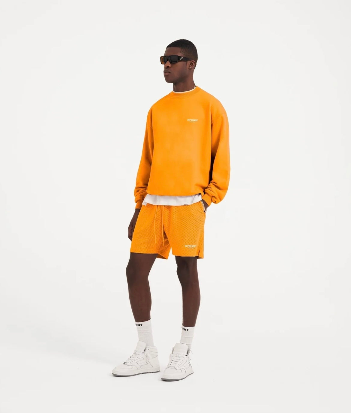 Neon Orange Logo Print Mesh Bermuda Shorts