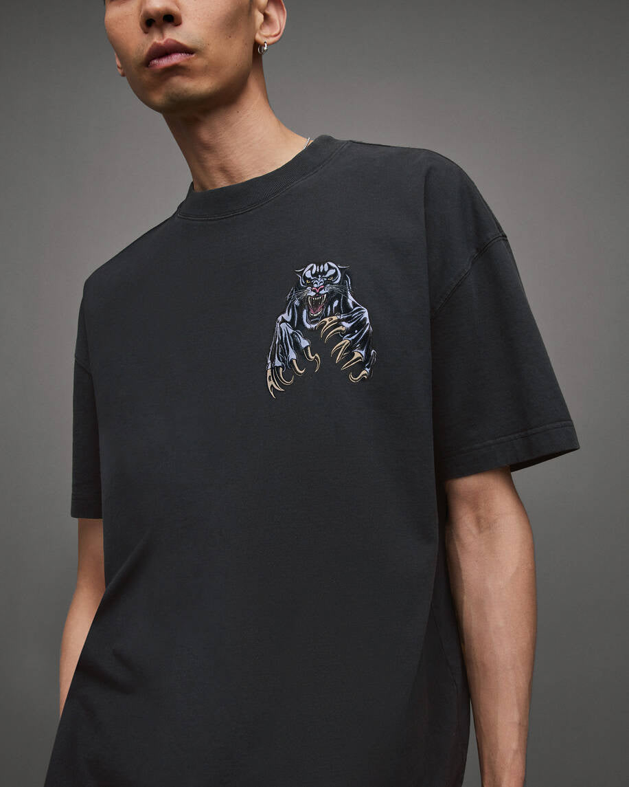 Allsaints Beast Oversized Panther Crew T-Shirt - Washed Black