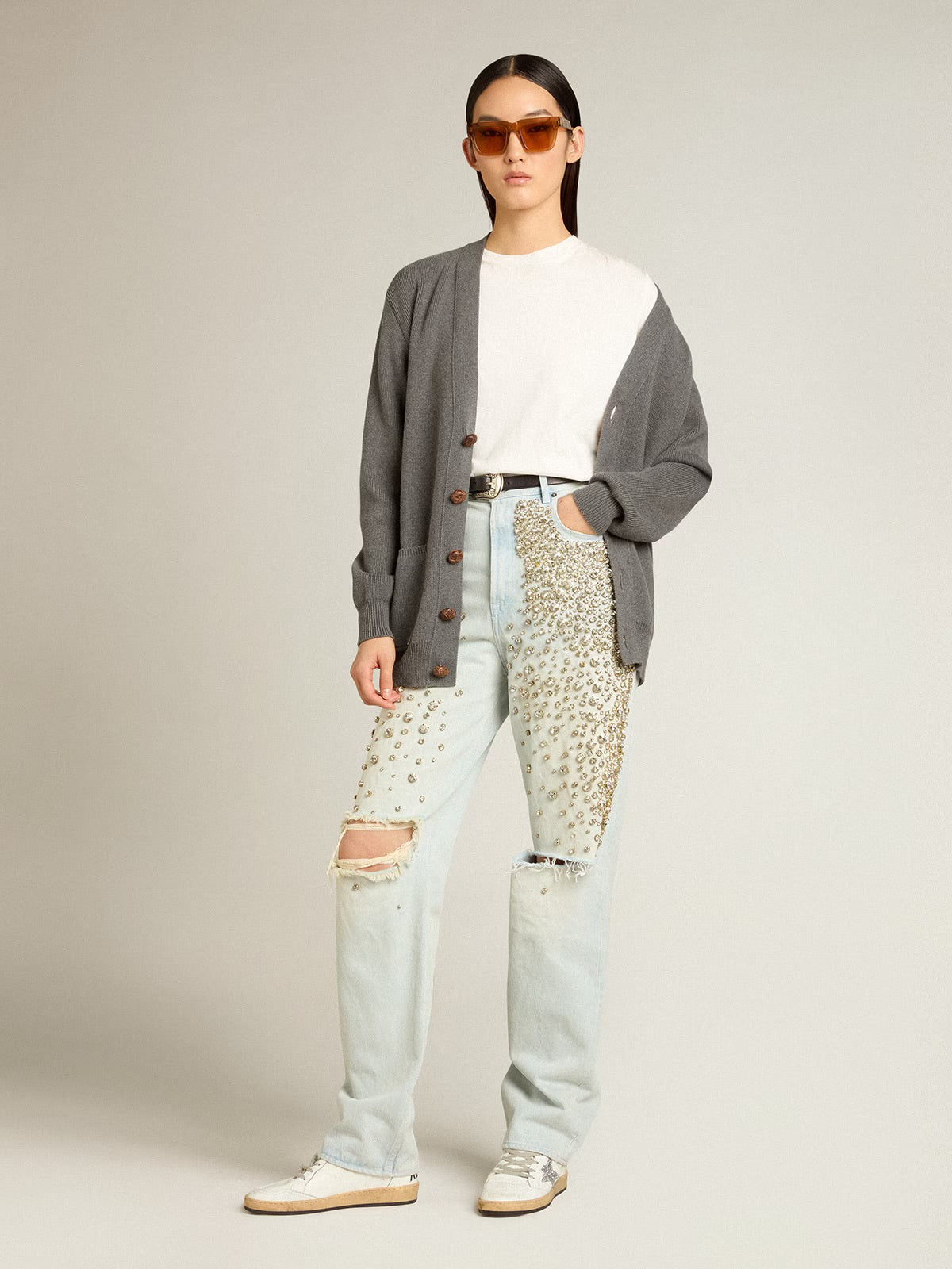 Women'S Bleached Jeans With Cabochon Crystals