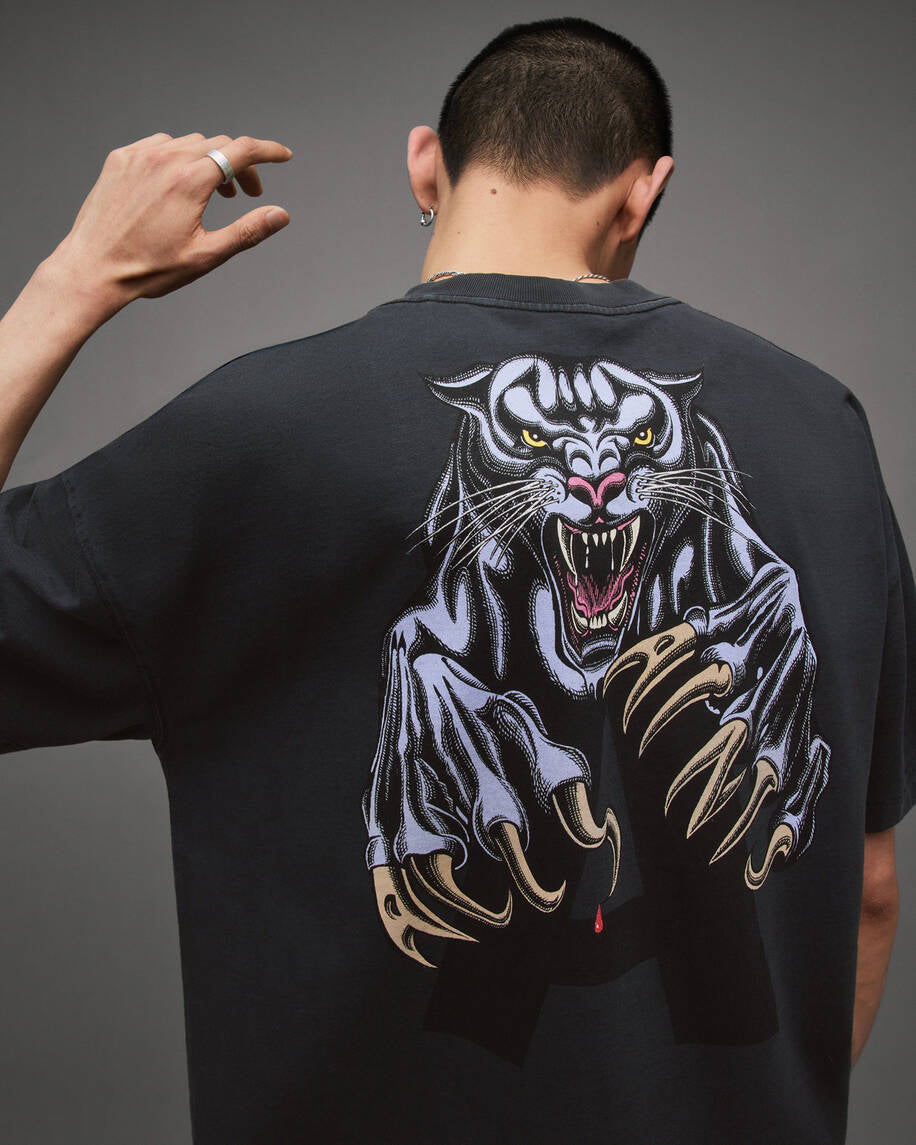 Allsaints Beast Oversized Panther Crew T-Shirt - Washed Black