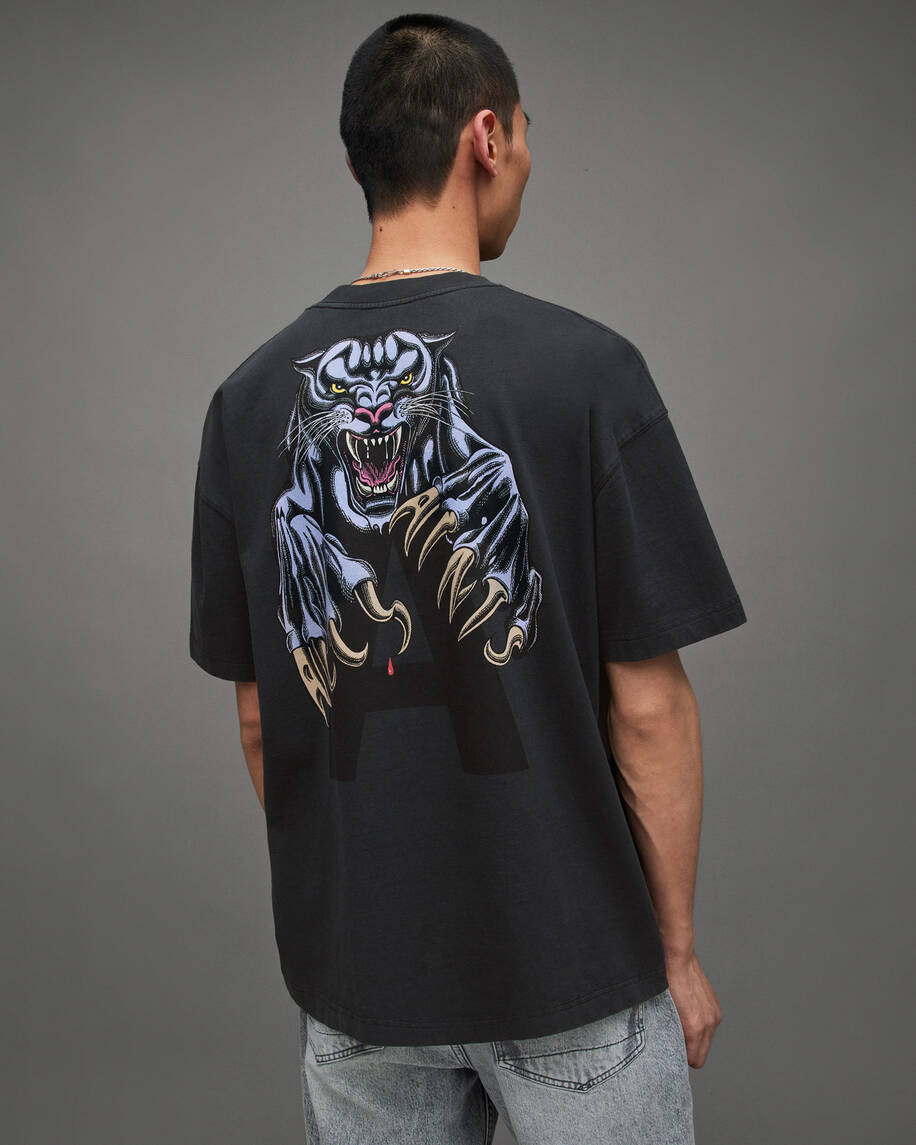 Allsaints Beast Oversized Panther Crew T-Shirt - Washed Black
