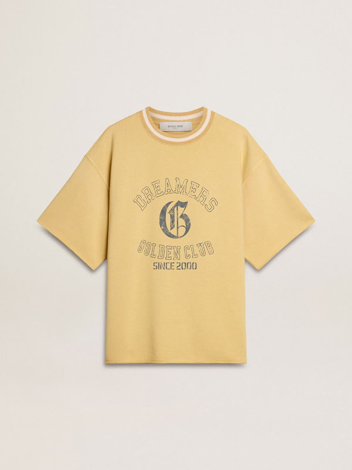 Men's oversized yellow cotton T-shirt with blue print