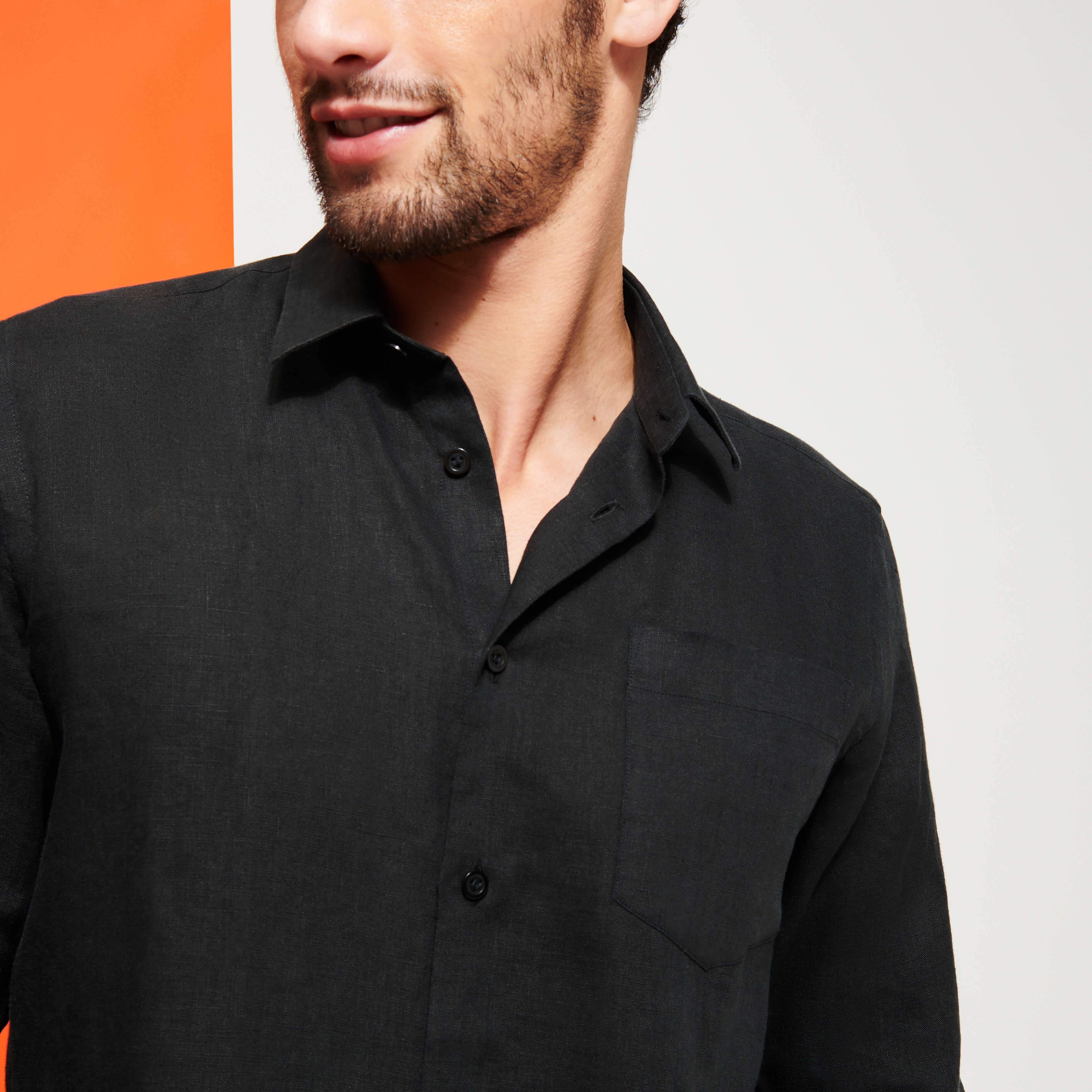 Men linen shirt solid black