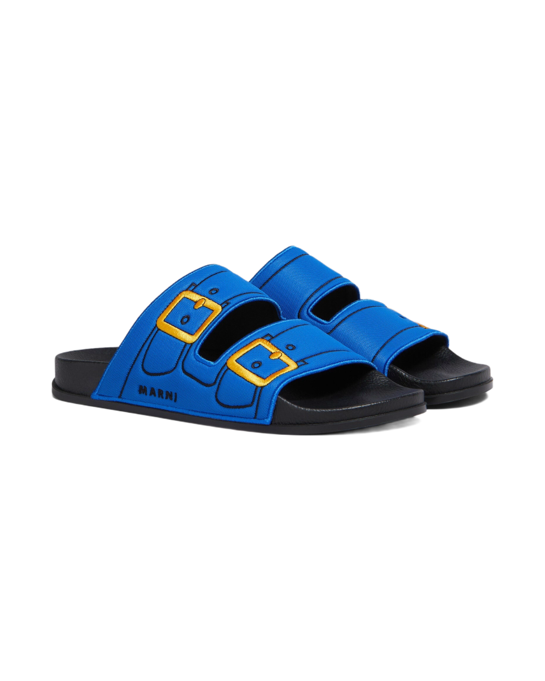 Blue Trompe L'Oeil Slider With Embroidered Buckles