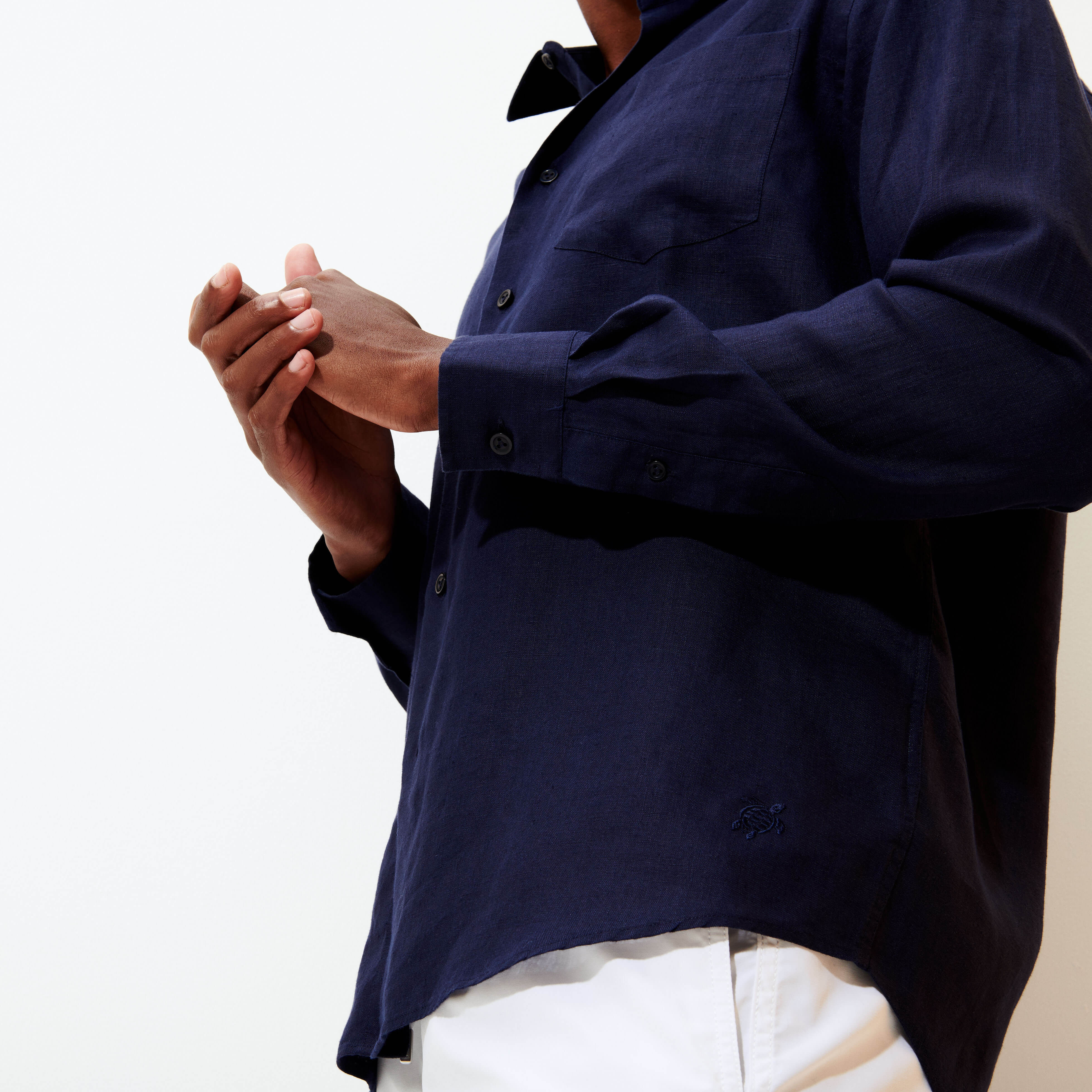 Men linen shirt solid navy blue