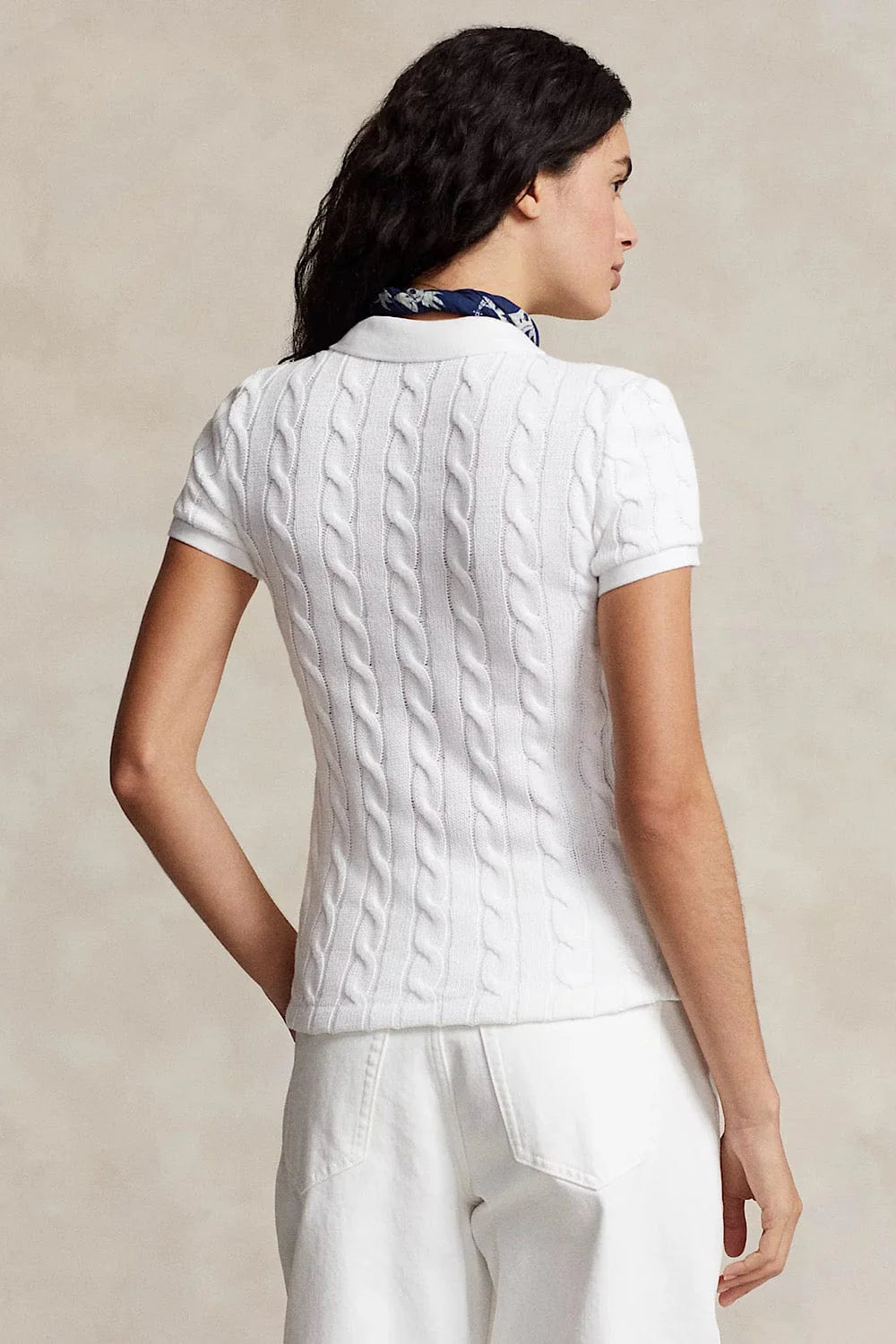 Cable knit white polo shirt
