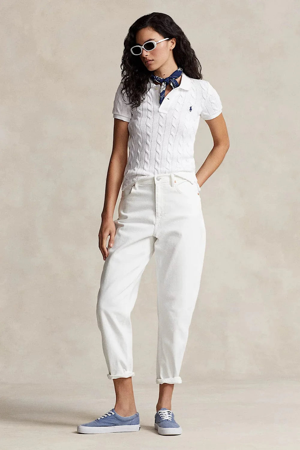 Cable knit white polo shirt