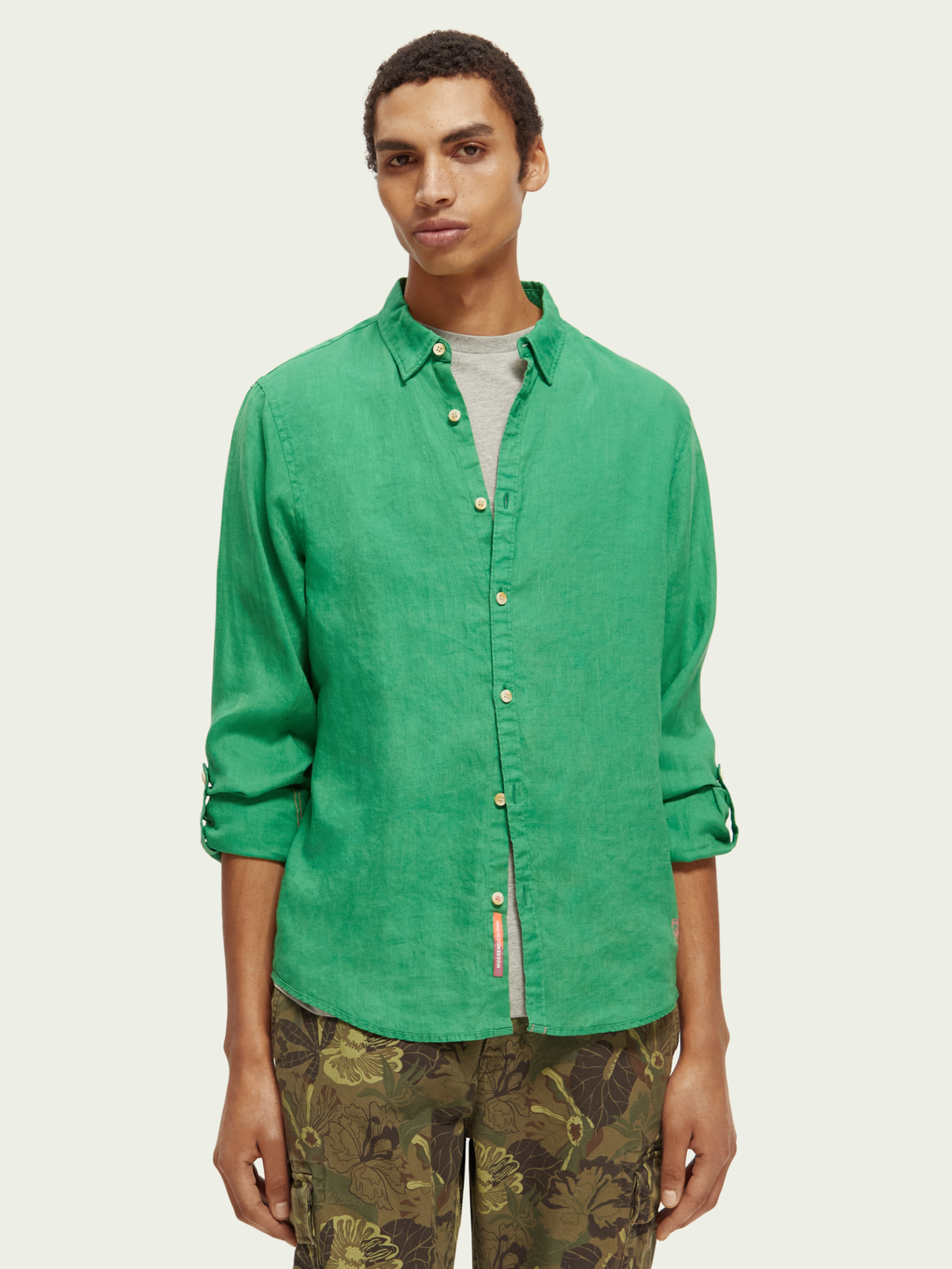 Green Linen Shirt With Sleeve Roll-Up