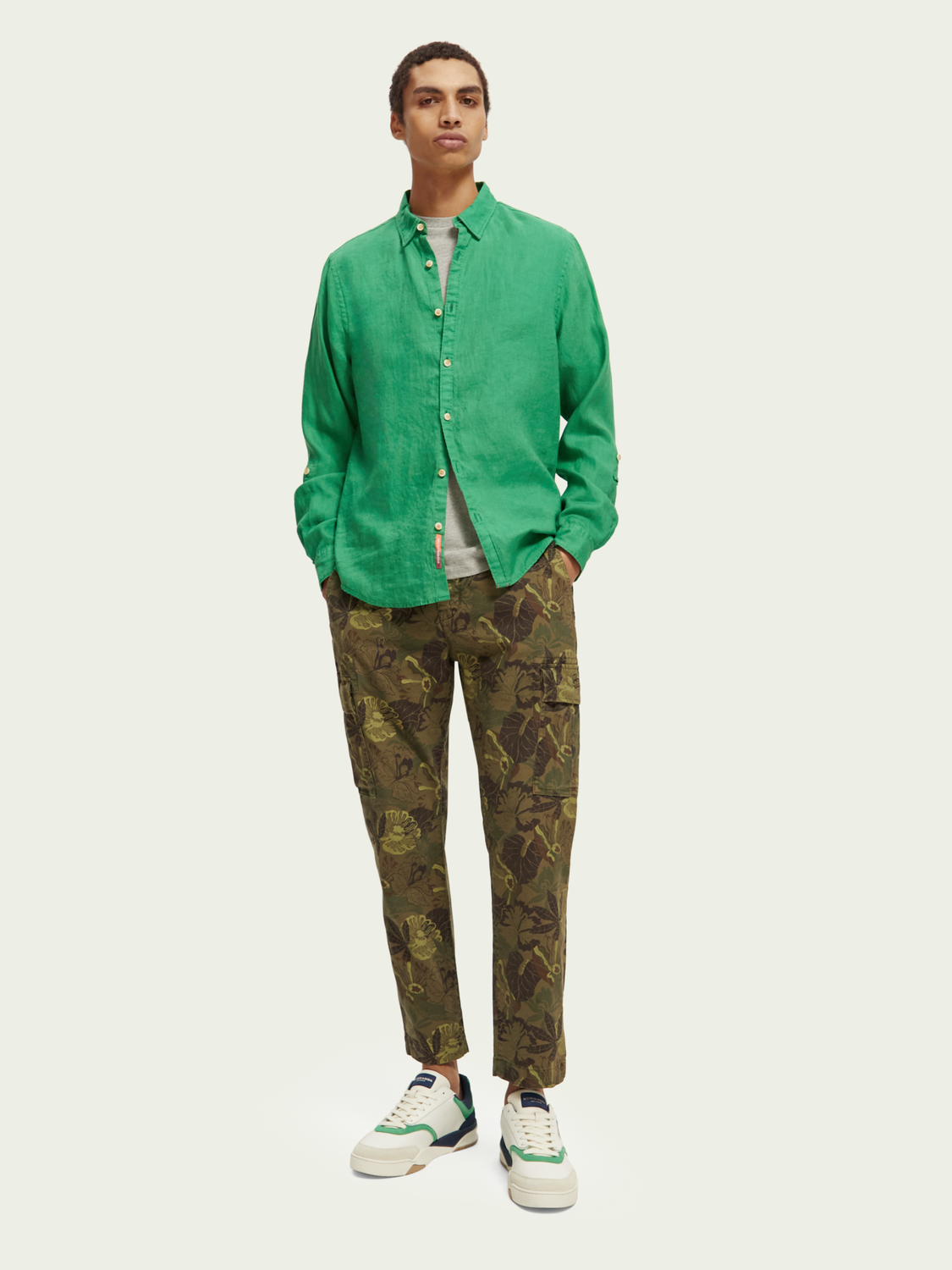 Green Linen Shirt With Sleeve Roll-Up