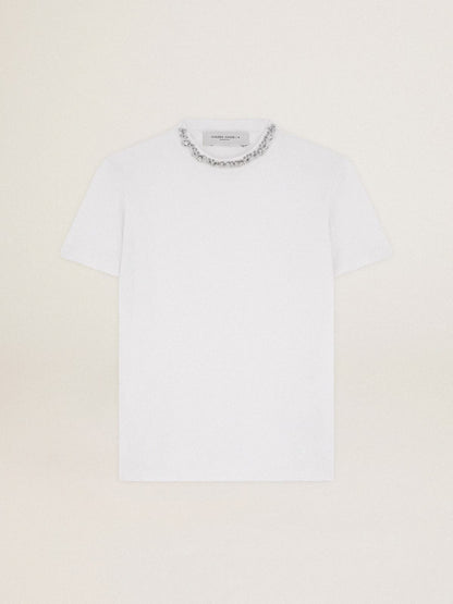 Women's white T-shirt with cabochon crystals