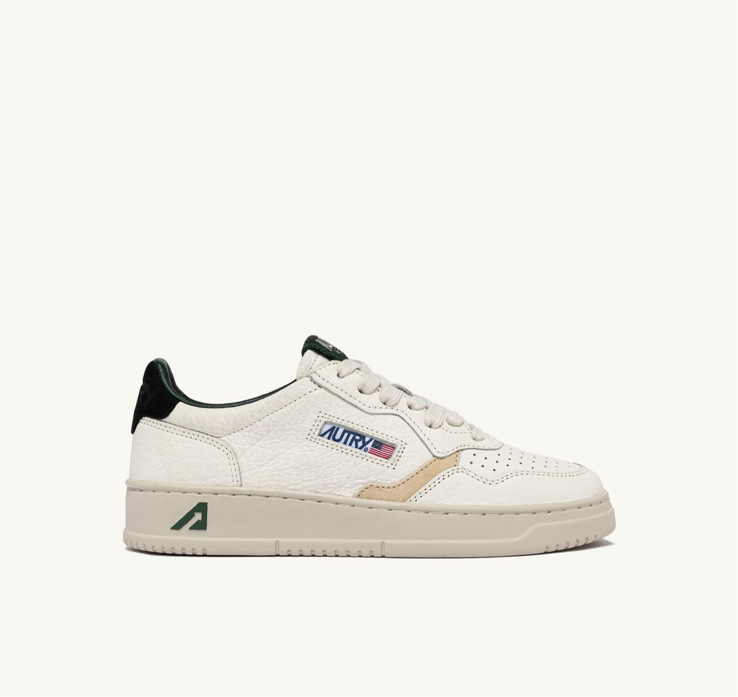 MEDALIST LOW SNEAKERS WHITE/TEXTURED LEATHER WITH GREEN BLACK AND BEIGE DETAILS