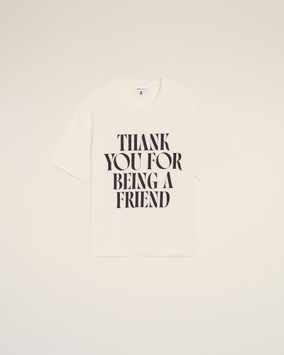 WHITE COTTON THANK YOU FOR BEING A FRIEND PRINT T-SHIRT
Short sleeves t-shirt in thick cotton jersey.