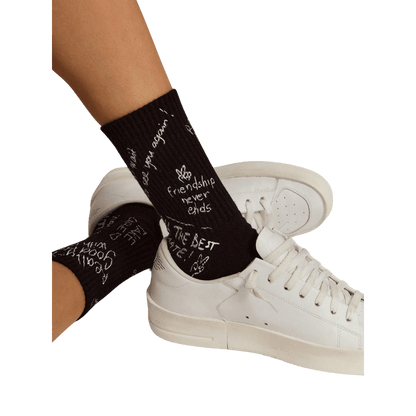 White Golden Statement Lettering On Black Socks