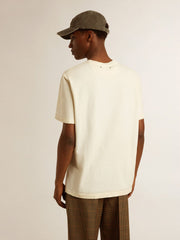 Men's aged white cotton T-shirt with gold print