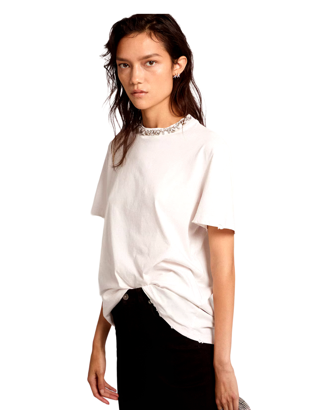 Women's white T-shirt with cabochon crystals