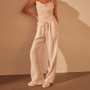 Wide leg relaxed linen pant - white