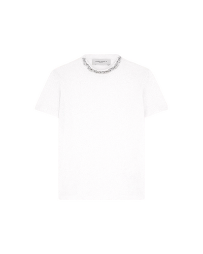 Women's white T-shirt with cabochon crystals