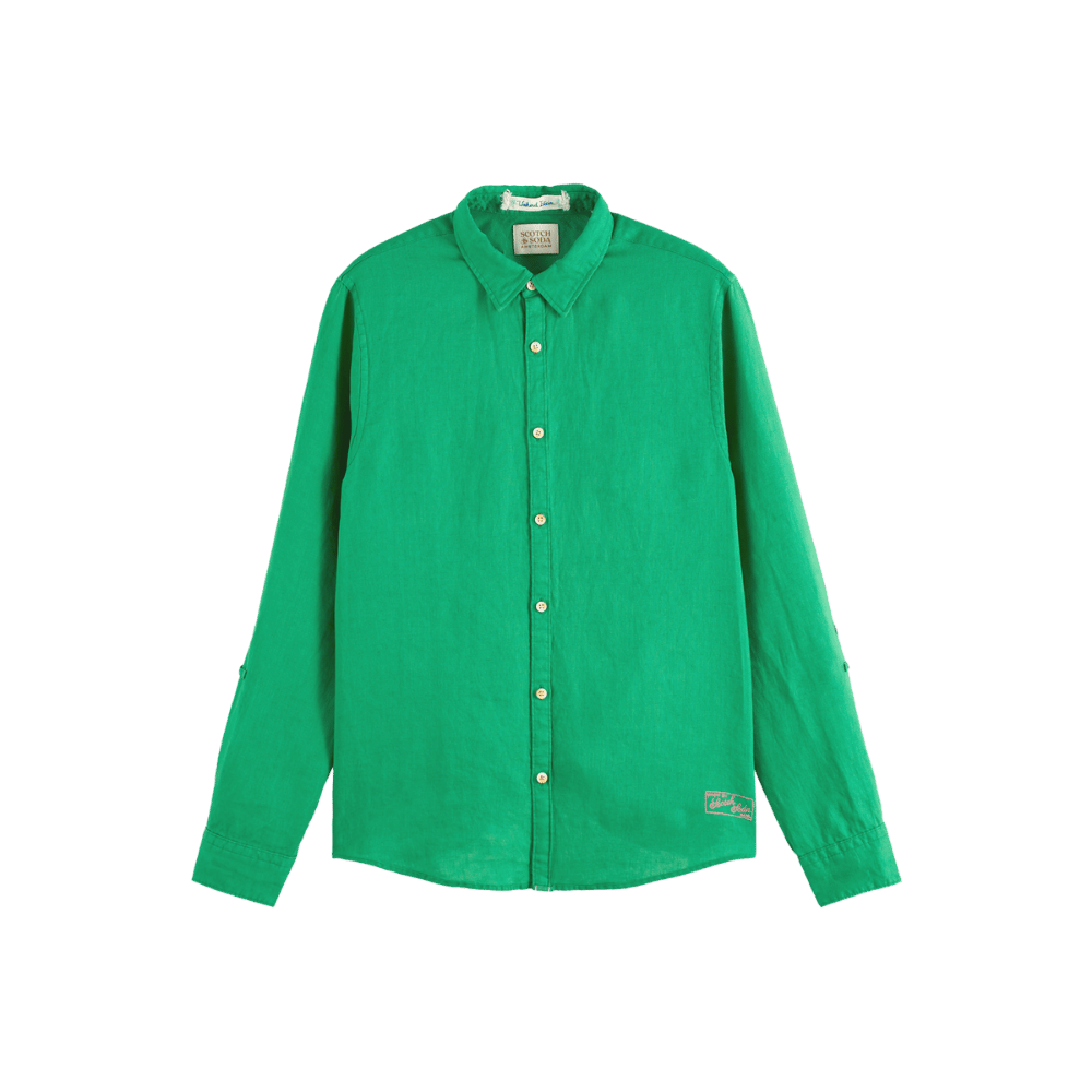 Green Linen Shirt With Sleeve Roll-up