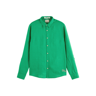 Green Linen Shirt With Sleeve Roll-Up