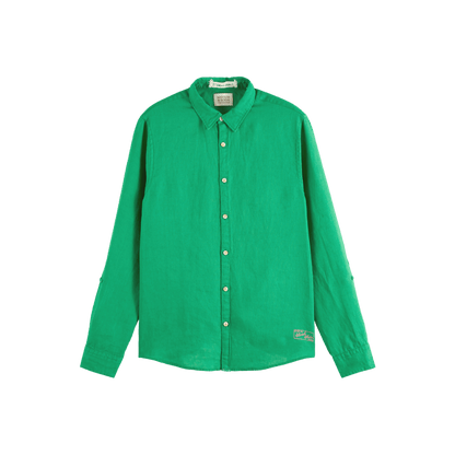 Green Linen Shirt With Sleeve Roll-up