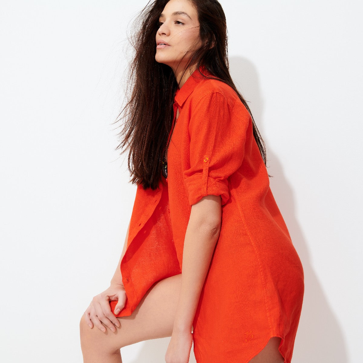 Women linen shirt dress in orange