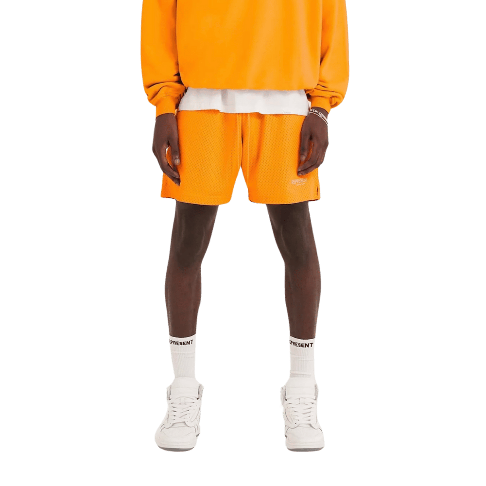 Neon orange logo print mesh bermuda shorts