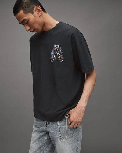 Allsaints Beast Oversized Panther Crew T-Shirt - Washed Black