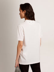 Women's white T-shirt with cabochon crystals