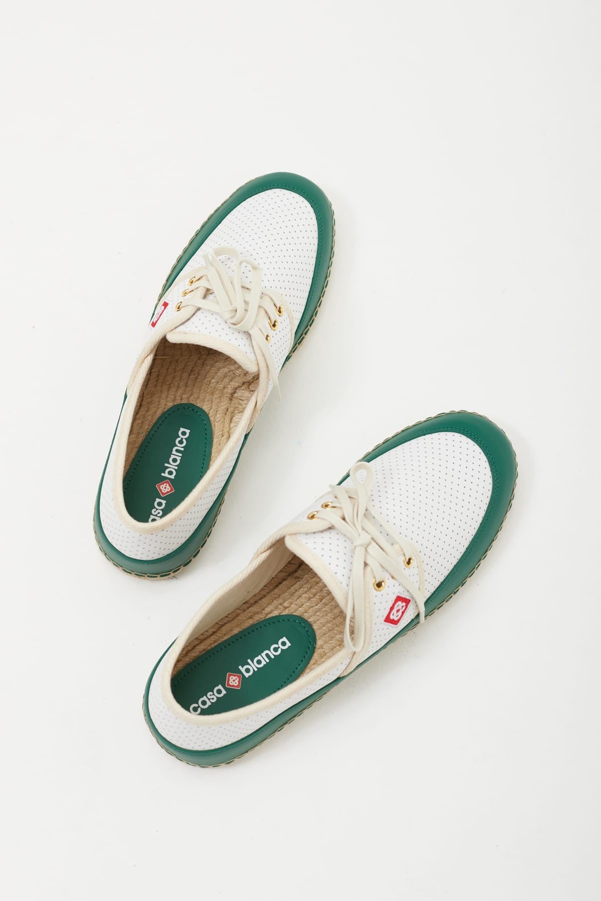 CASABLANCA WHITE GREEN PERFORATED LEATHER ESPADRILLE SHOES