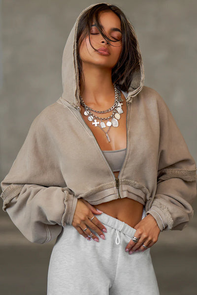 Deconstructed crop zip hoodie - sand