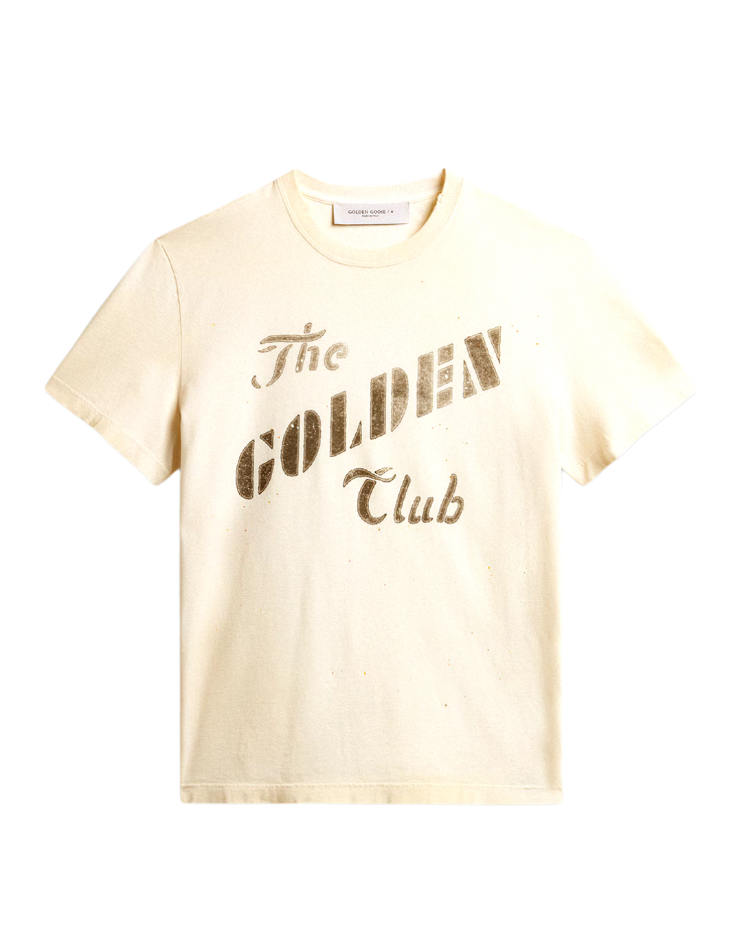 Men's aged white cotton T-shirt with gold print