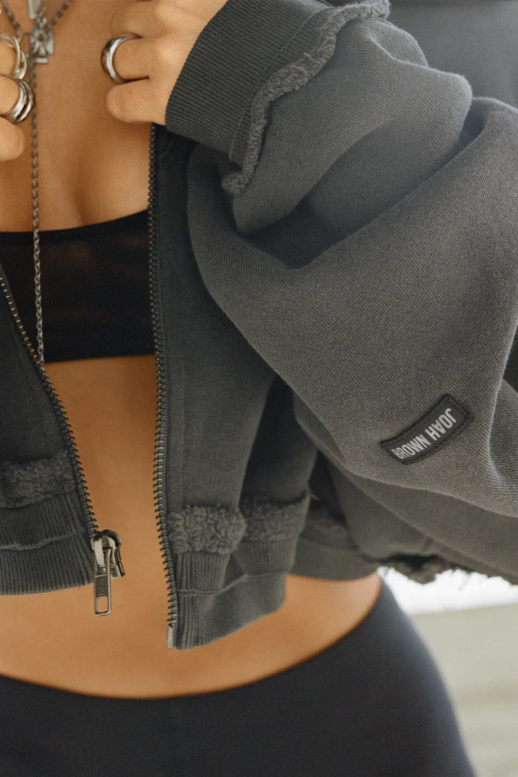 Deconstructed crop zip hoodie - washed black