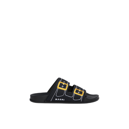 BLACK TROMPE L'OEIL SLIDER WITH EMBROIDERED BUCKLES