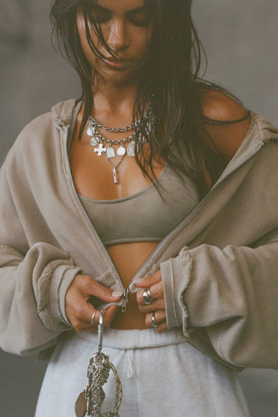 Deconstructed crop zip hoodie - sand