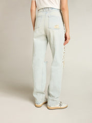 Women's bleached jeans with cabochon crystals