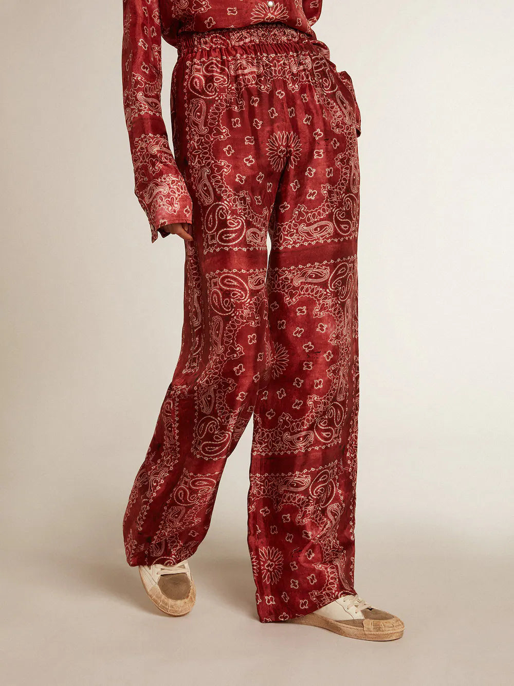 Woman’s burgundy joggers with paisley print