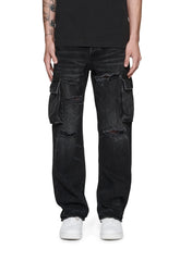 Mid rise with straight leg cargo jeans - black