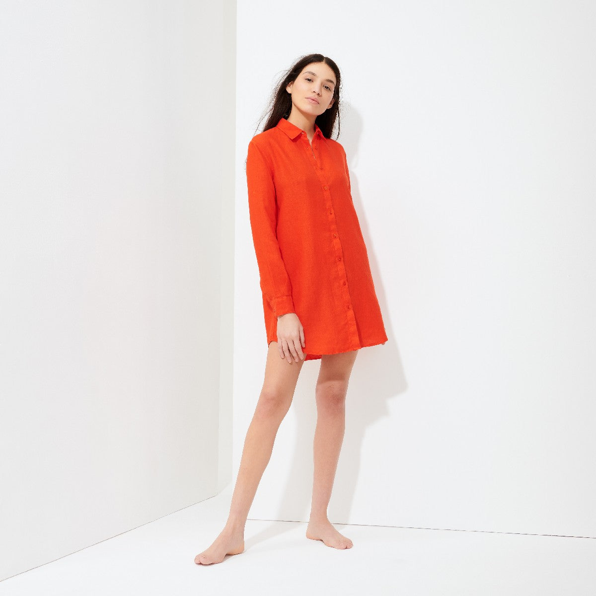 Women linen shirt dress in orange