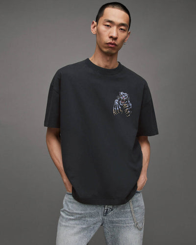 Allsaints Beast Oversized Panther Crew T-Shirt - Washed Black