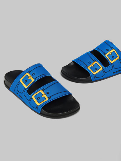 BLUE TROMPE L'OEIL SLIDER WITH EMBROIDERED BUCKLES