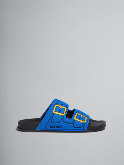 Blue Trompe L'Oeil Slider With Embroidered Buckles