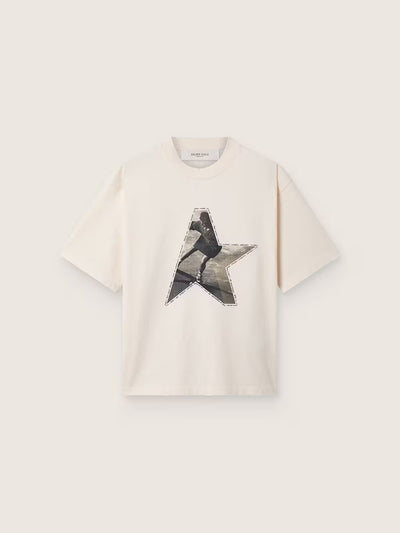 Women’s T-shirt in white cotton jersey with star print