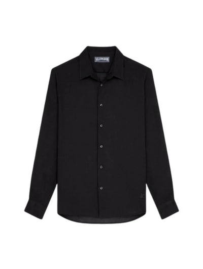 Vilebrequin shirt Black linen shirt with tone-on-tone turtle logo embroidery on the hem.