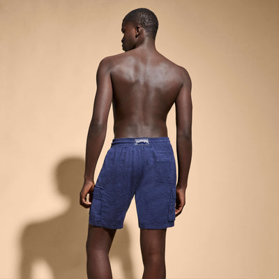 Man Navy Linen Bermuda Shorts