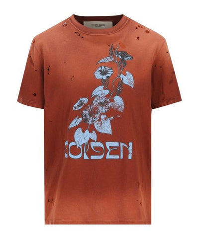 Women’s T-shirt in rust-colored cotton jersey with floral print