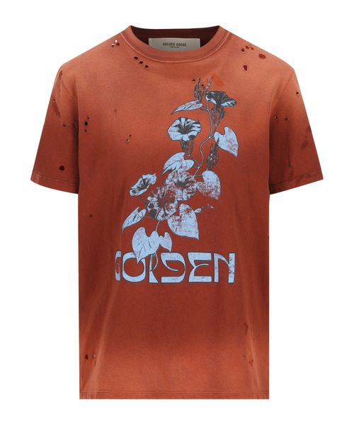 Women’s T-shirt in rust-colored cotton jersey with floral print